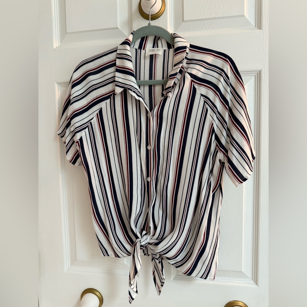 Striped Button-Up Tie Front Top- S